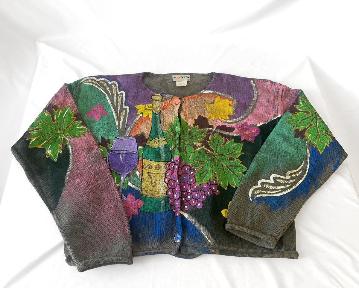 90s Kolorway Wine Grape Motif Cotton Hand Painted Cardigan, Women's Sz. L, Eclectic Maximalist Wearable Art Sweater