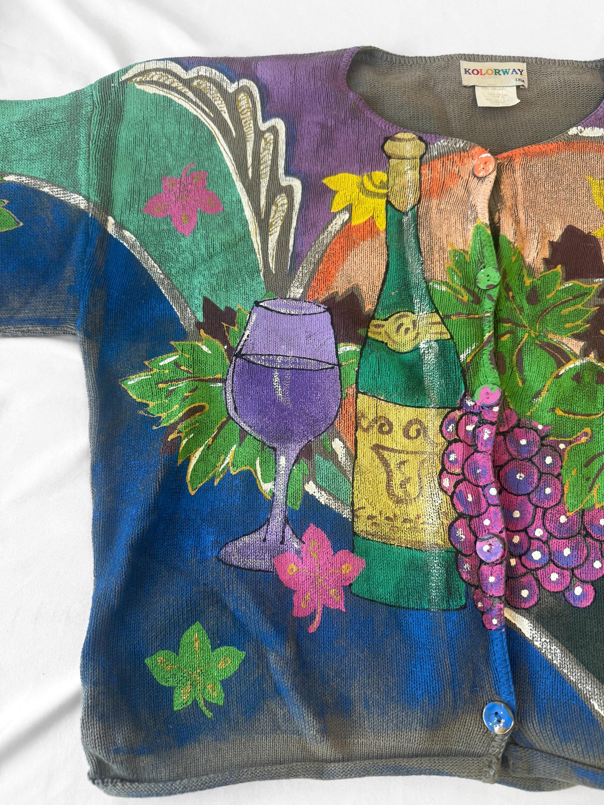 90s Kolorway Wine Grape Motif Cotton Hand Painted Cardigan, Women's Sz. L, Eclectic Maximalist Wearable Art Sweater