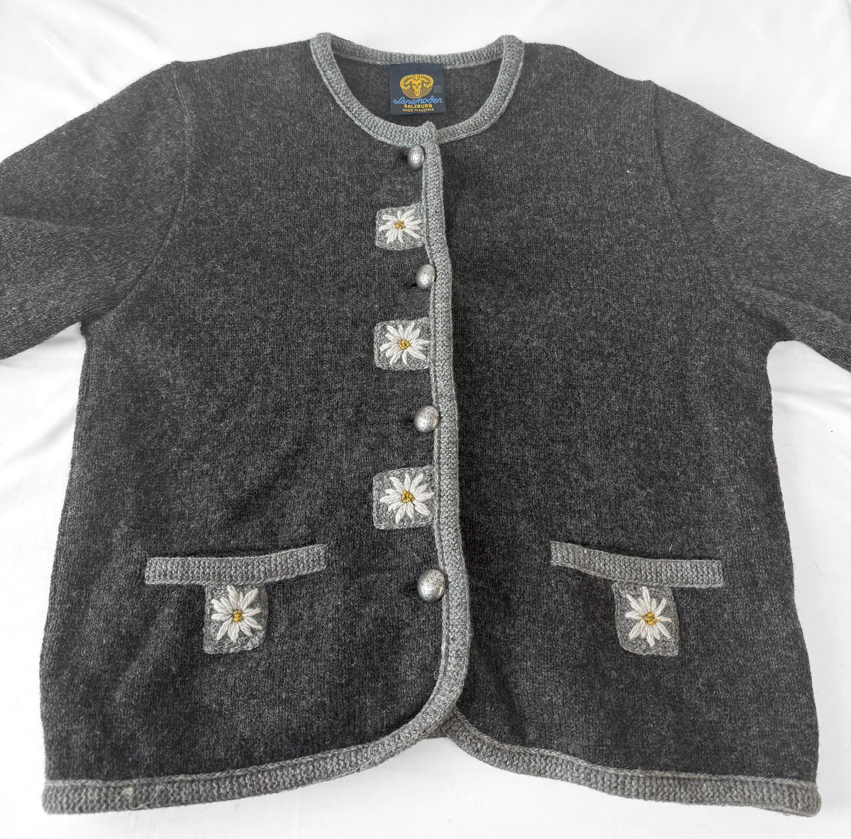 Vintage Lanamoden Gray Floral Pure Wool Cardigan Sweater, Approx. Women's Sz. M
