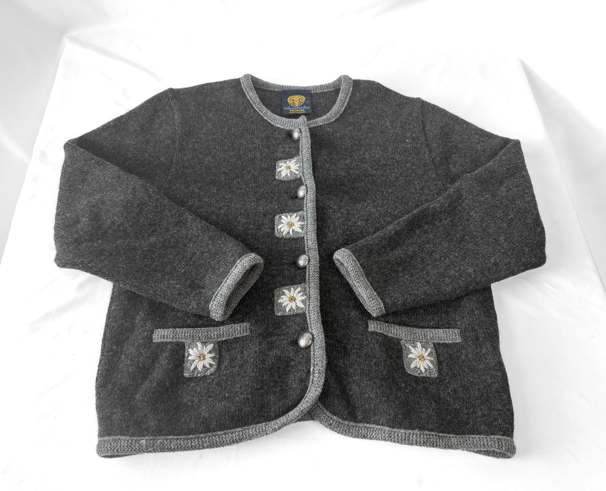 Vintage Lanamoden Gray Floral Pure Wool Cardigan Sweater, Approx. Women's Sz. M