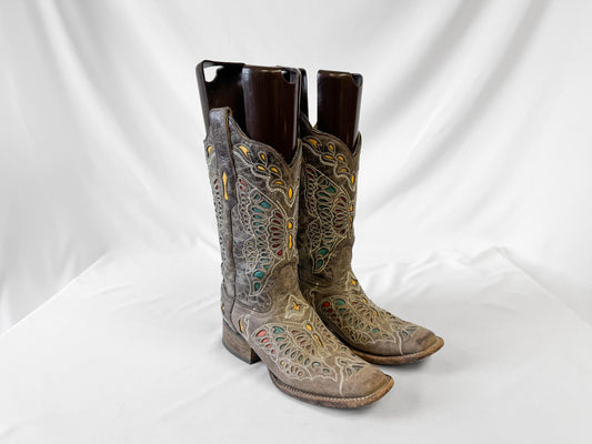 Vintage Style Corral Taupe Butterfly Inlay Leather Western Cowboy Boots, Women's Sz. 6M