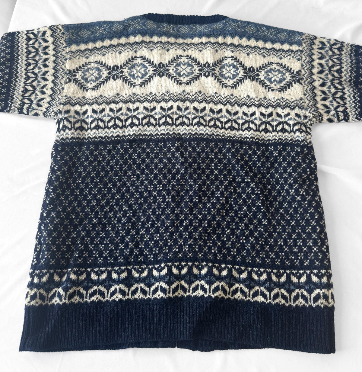 Vintage Woolrich Navy Cream Geometric Wool Nordic Metal Clasp Cardigan Sweater, Women's Sz. M