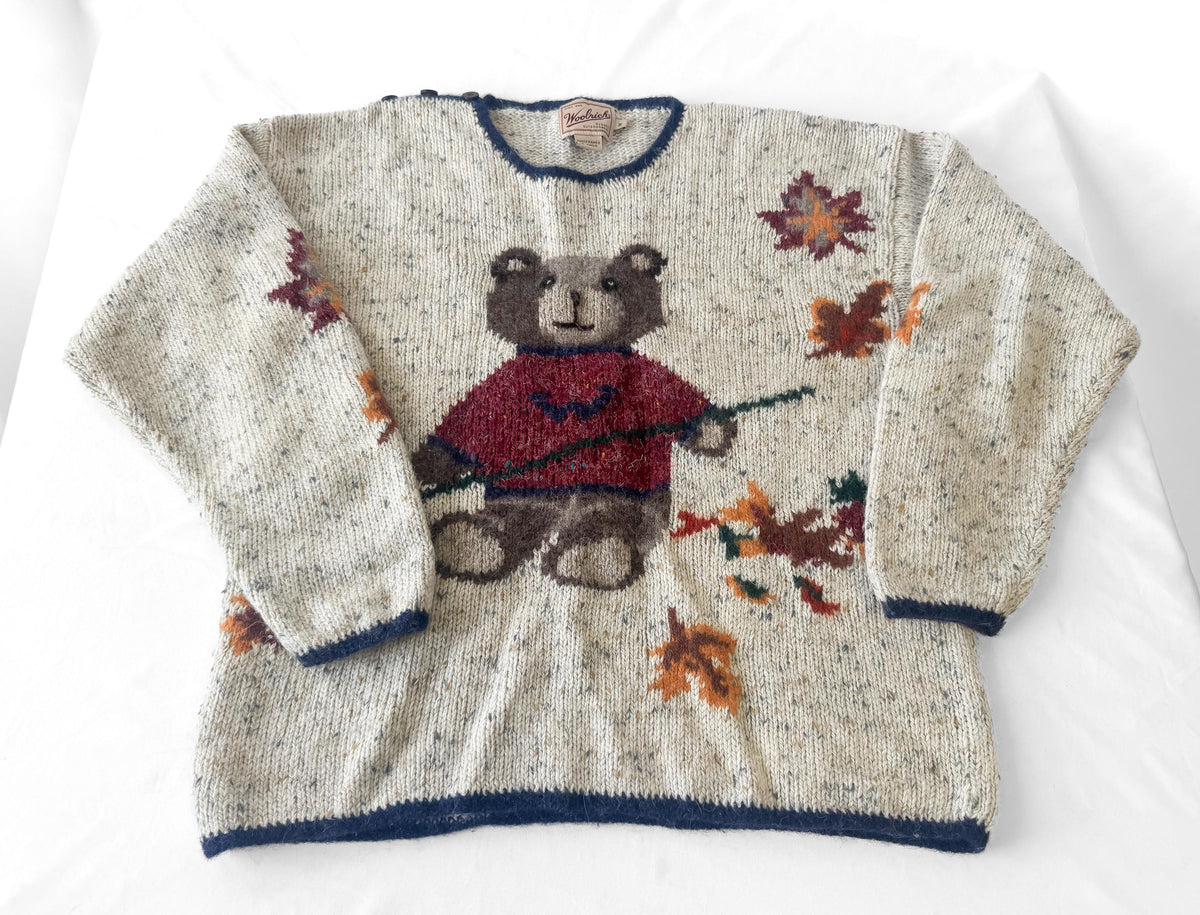 Vintage Woolrich Teddy Bear Raking Autumn Leaves Wool Blend Sweater, Women's Sz. M, Autumn Fall Cottage Core Grandma Core Sweater