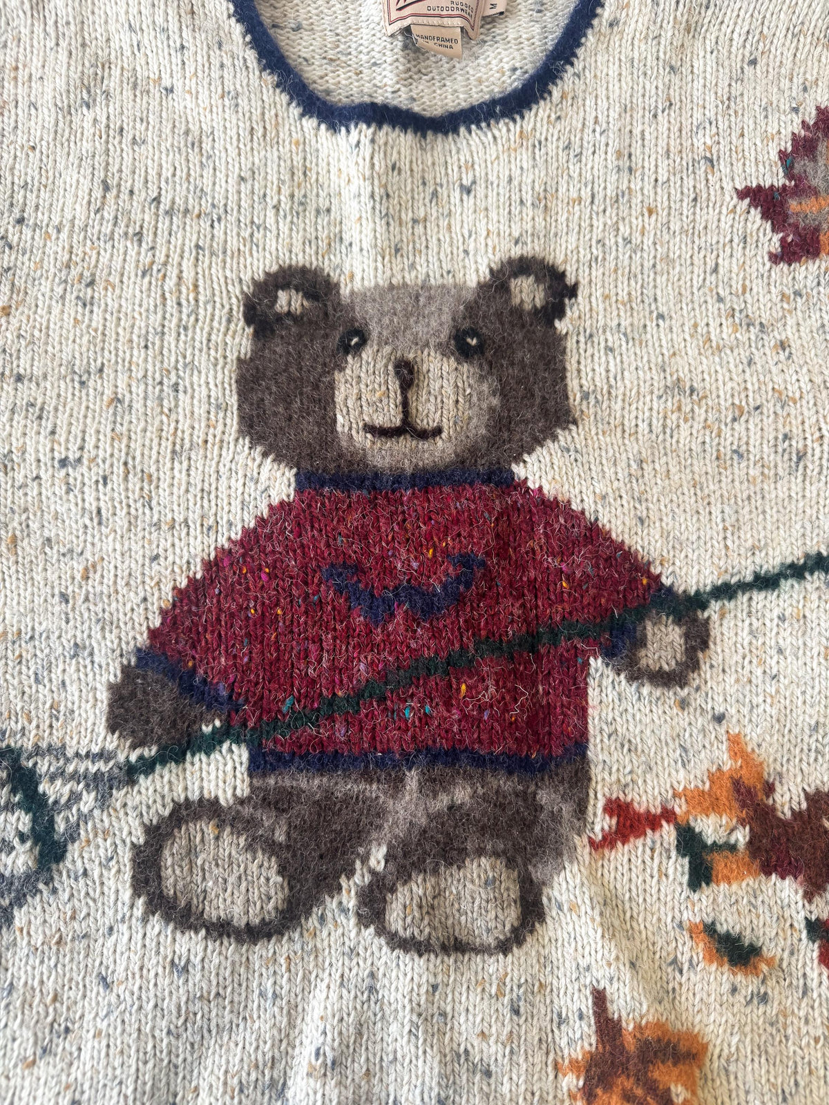 Vintage Woolrich Teddy Bear Raking Autumn Leaves Wool Blend Sweater, Women's Sz. M, Autumn Fall Cottage Core Grandma Core Sweater