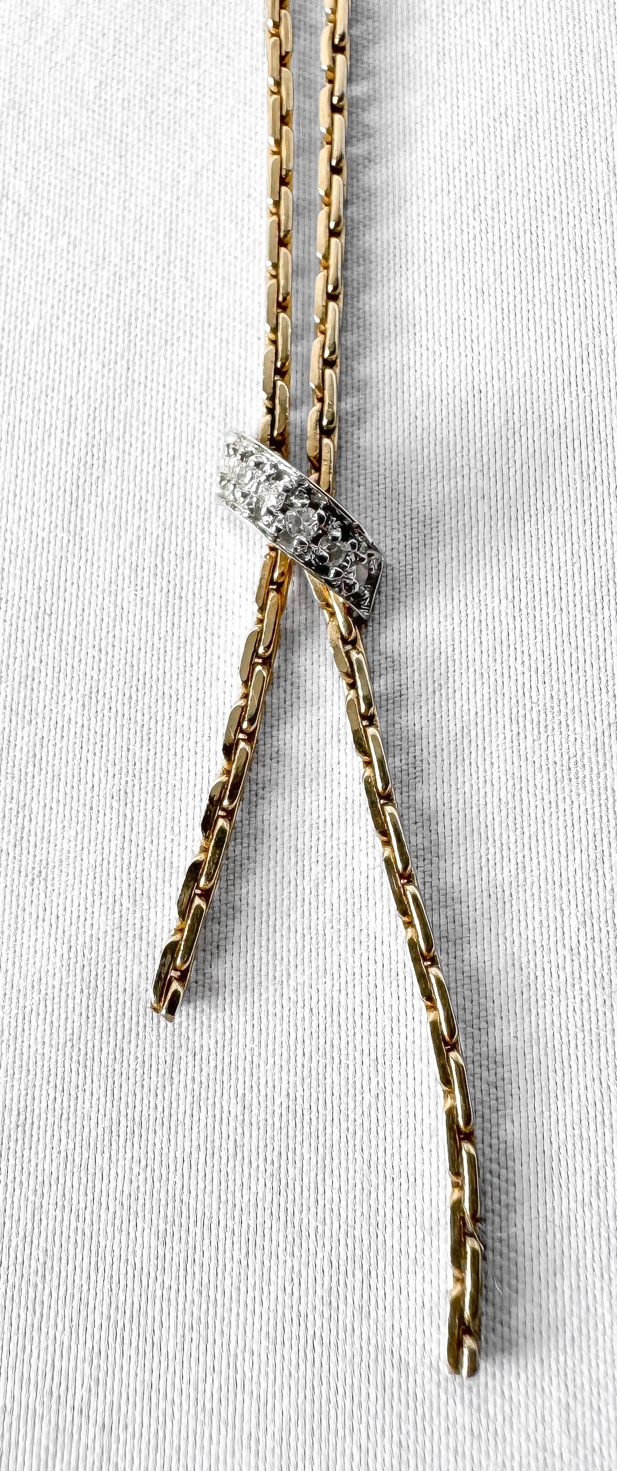Vintage 14K Yellow Gold Diamond Elongated Geometric Box Chain Fixed Lariat 19 Inch Necklace