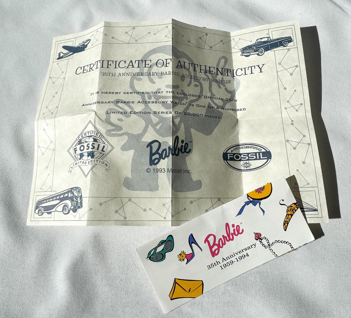 Vintage 1994 Deadstock Fossil Barbie 35th Anniversary Wrist Watch with Matching Scarf, Original Box and Tags