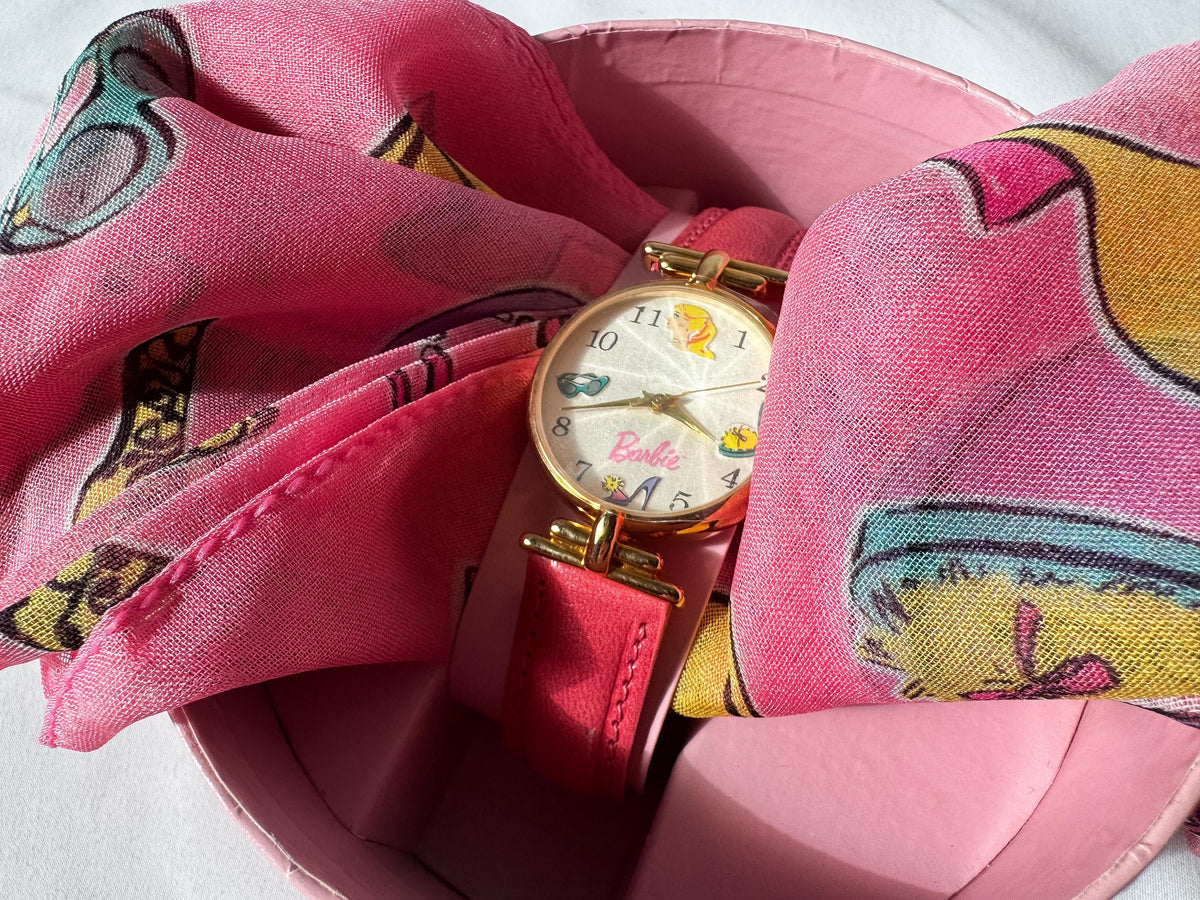 Vintage 1994 Deadstock Fossil Barbie 35th Anniversary Wrist Watch with Matching Scarf, Original Box and Tags