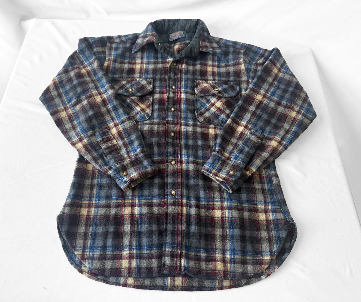 Vintage 70s Pendleton Pure Wool Cream Blue Maroon Plaid Button Down Shirt, Men's Sz. M