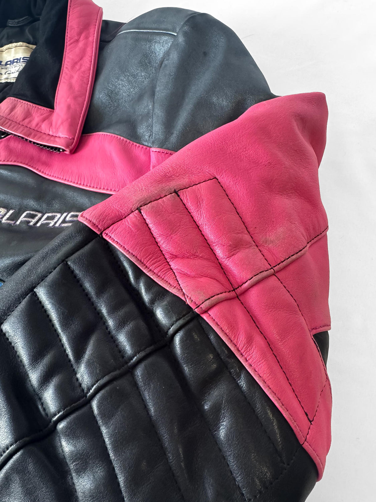 Vintage 90s Polaris Hein Gericke Pink Blue Black Leather Bomber Jacket, Approx. Men's Sz. S/M, 90s Streetwear Style Retro Leather Jacket