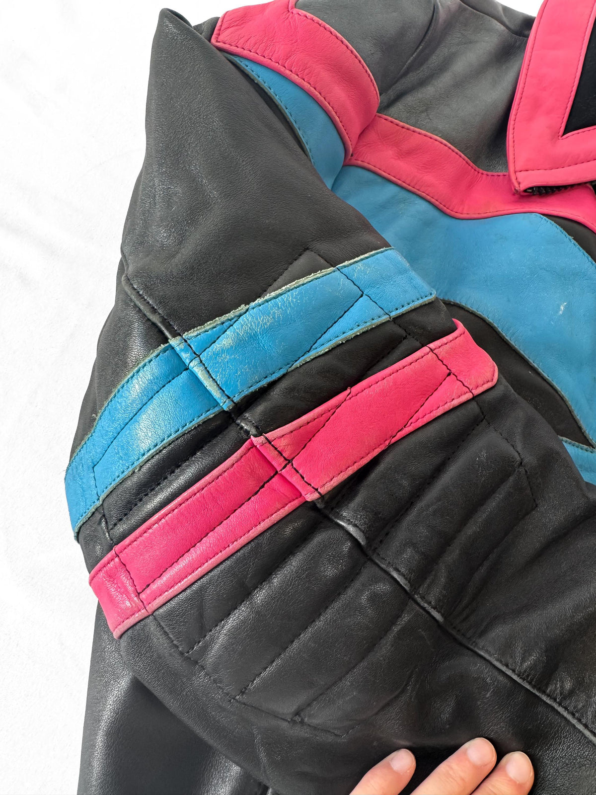 Vintage 90s Polaris Hein Gericke Pink Blue Black Leather Bomber Jacket, Approx. Men's Sz. S/M, 90s Streetwear Style Retro Leather Jacket