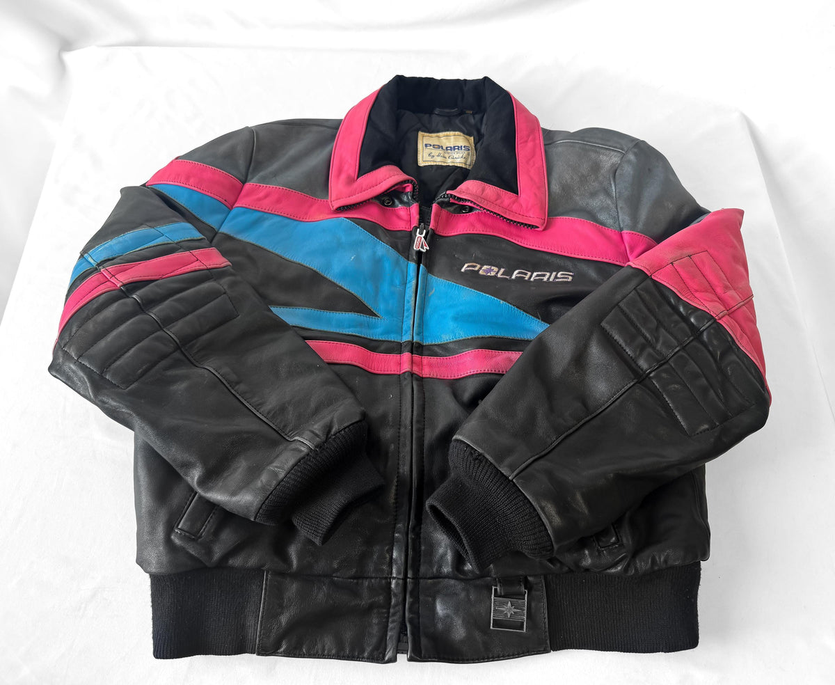 Vintage 90s Polaris Hein Gericke Pink Blue Black Leather Bomber Jacket, Approx. Men's Sz. S/M, 90s Streetwear Style Retro Leather Jacket