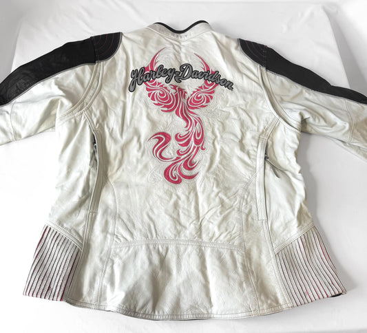 Y2K Harley Davidson "Spirited Eagle" Off-White Pink Phoenix Leather Jacket, Women's Sz. XXL