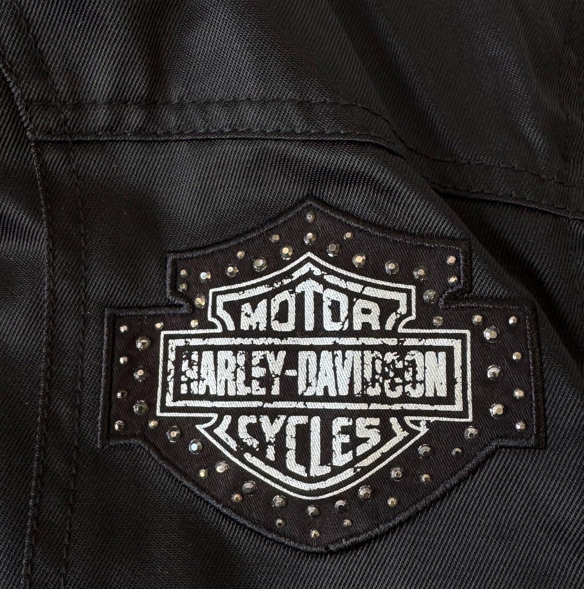 Y2K Harley Davidson Black Rhinestone Bedazzled Studded Eagle Nylon Moto Jacket, Women's Sz. M