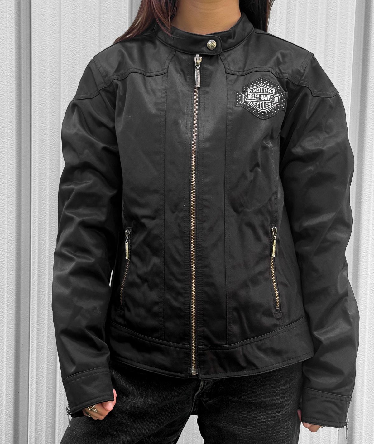 Y2K Harley Davidson Black Rhinestone Bedazzled Studded Eagle Nylon Moto Jacket, Women's Sz. M
