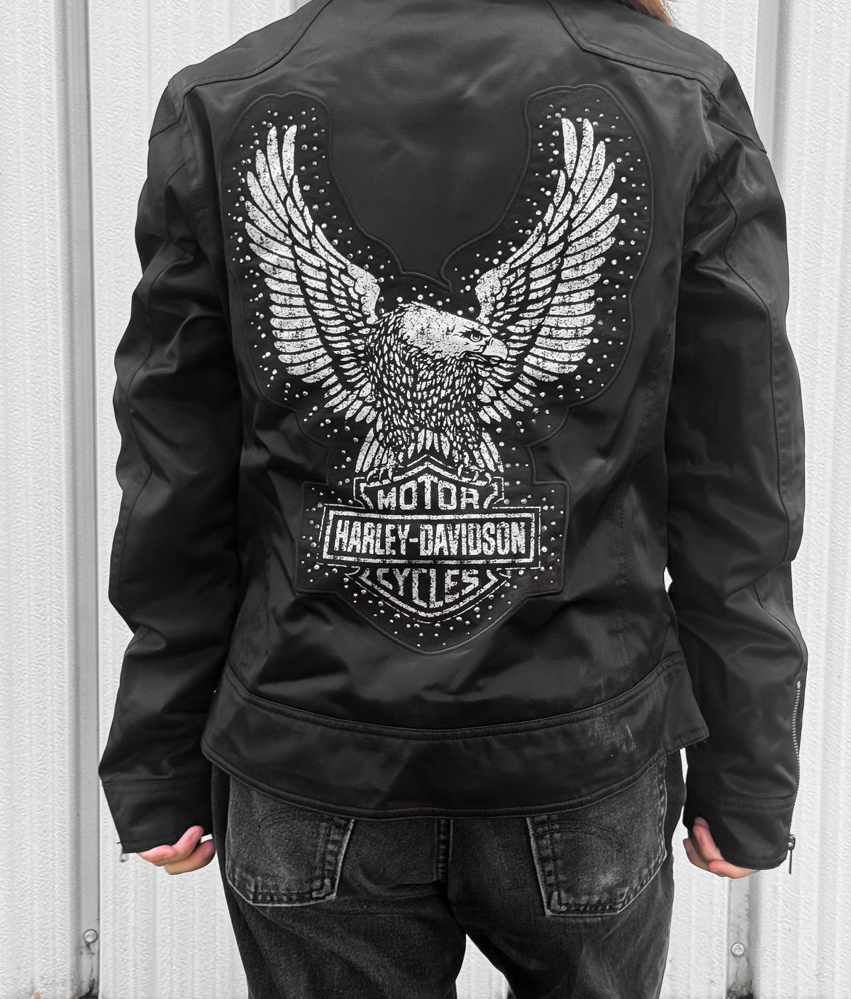 Y2K Harley Davidson Black Rhinestone Bedazzled Studded Eagle Nylon Moto Jacket, Women's Sz. M
