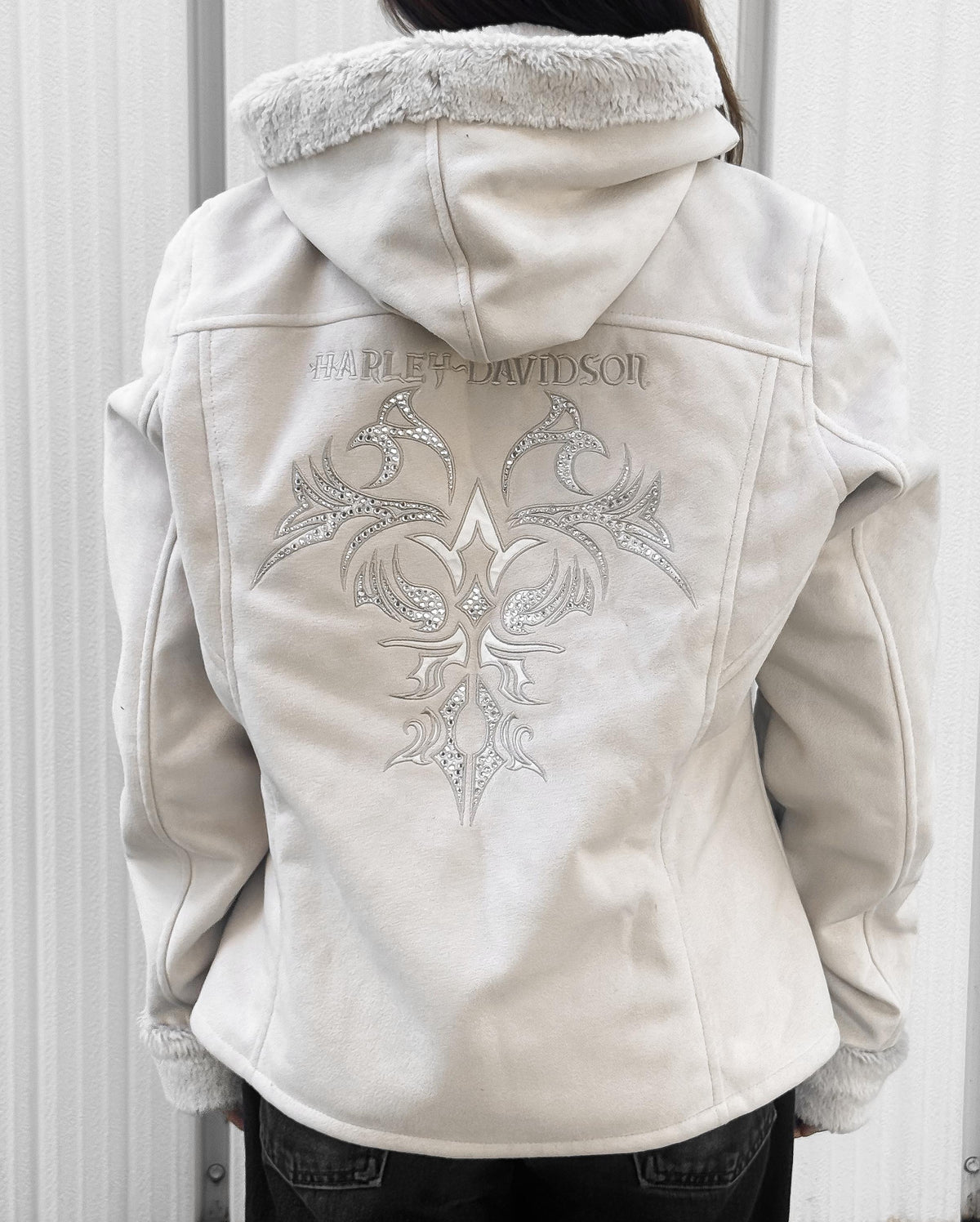Y2K Harley Davidson Cream Beige Faux Suede Faux Sherpa Lined Hooded Jacket, Women's Sz. M/L