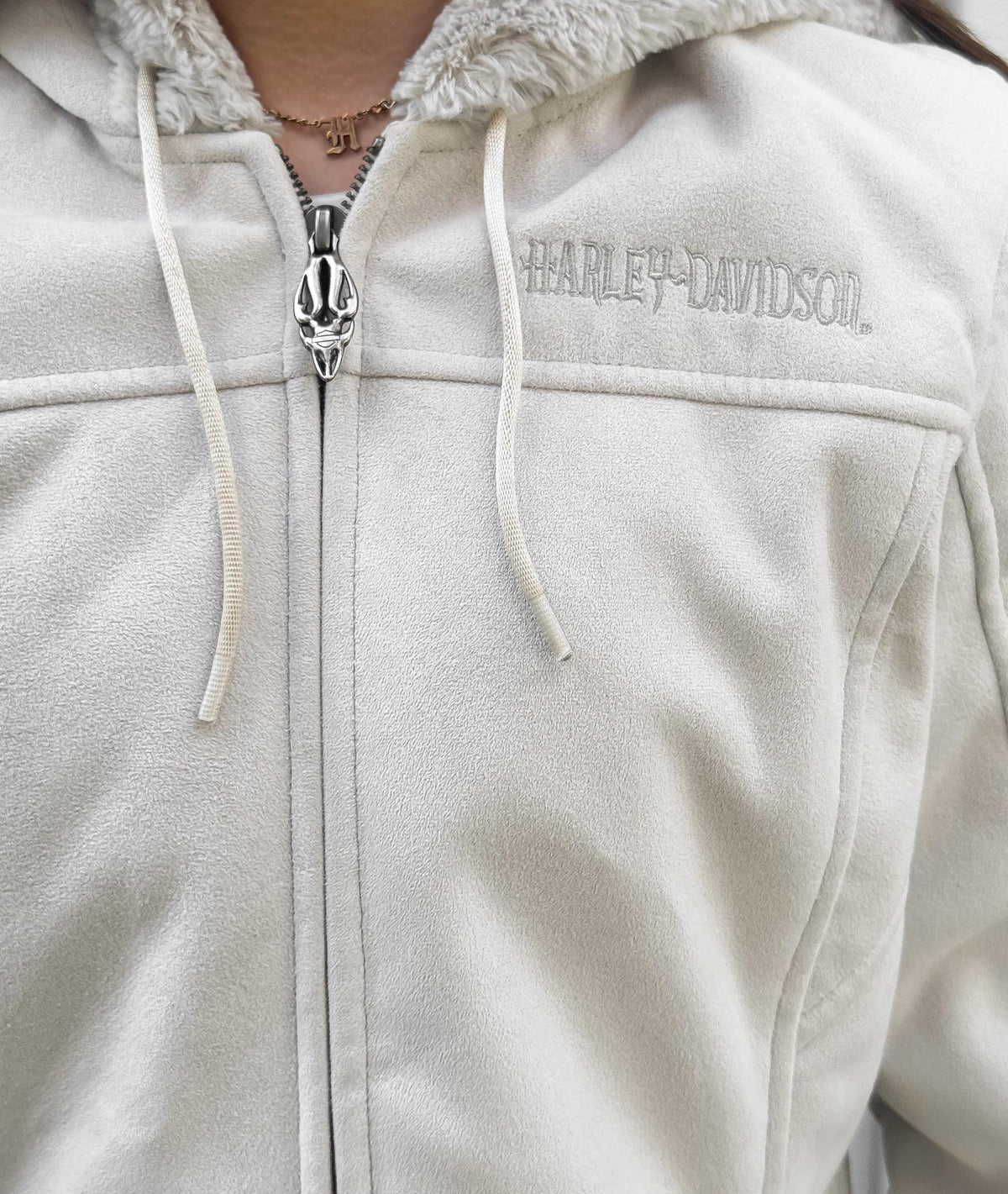 Y2K Harley Davidson Cream Beige Faux Suede Faux Sherpa Lined Hooded Jacket, Women's Sz. M/L