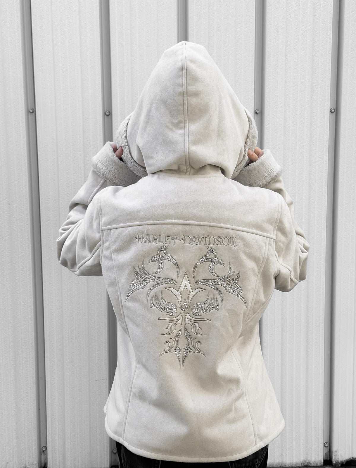 Y2K Harley Davidson Cream Beige Faux Suede Faux Sherpa Lined Hooded Jacket, Women's Sz. M/L