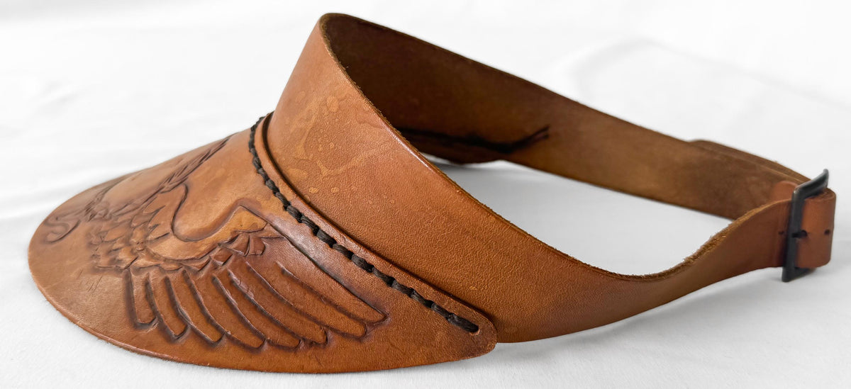 Vintage 70s Handcrafted Tooled Leather "W" Initial Eagle Wing Engraved Sun Visor Cap, Unique Western Style Hat