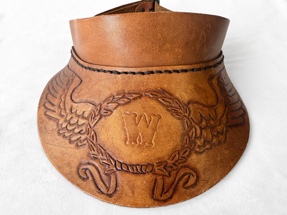 Vintage 70s Handcrafted Tooled Leather "W" Initial Eagle Wing Engraved Sun Visor Cap, Unique Western Style Hat