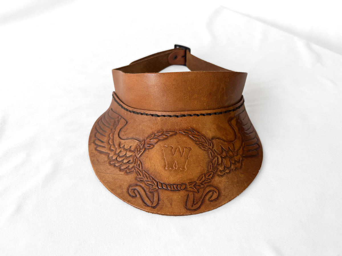 Vintage 70s Handcrafted Tooled Leather "W" Initial Eagle Wing Engraved Sun Visor Cap, Unique Western Style Hat
