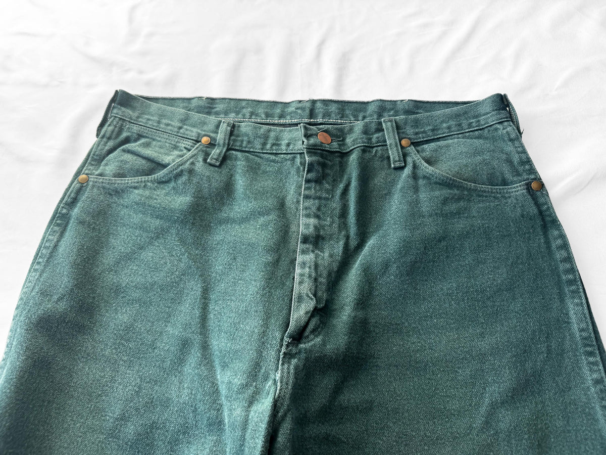 Vintage Wrangler Forest Green Teal Washed Faded Straight Leg Western Jeans, Men's Sz. 36" x 38"