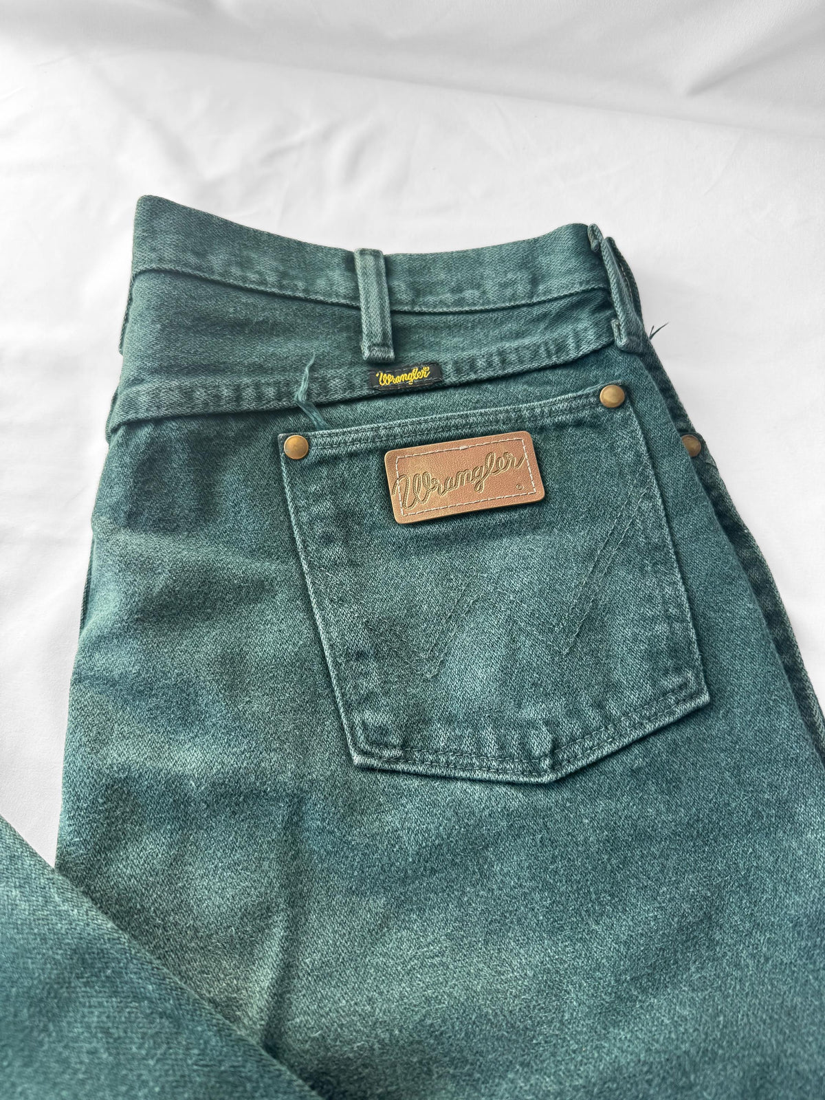 Vintage Wrangler Forest Green Teal Washed Faded Straight Leg Western Jeans, Men's Sz. 36" x 38"