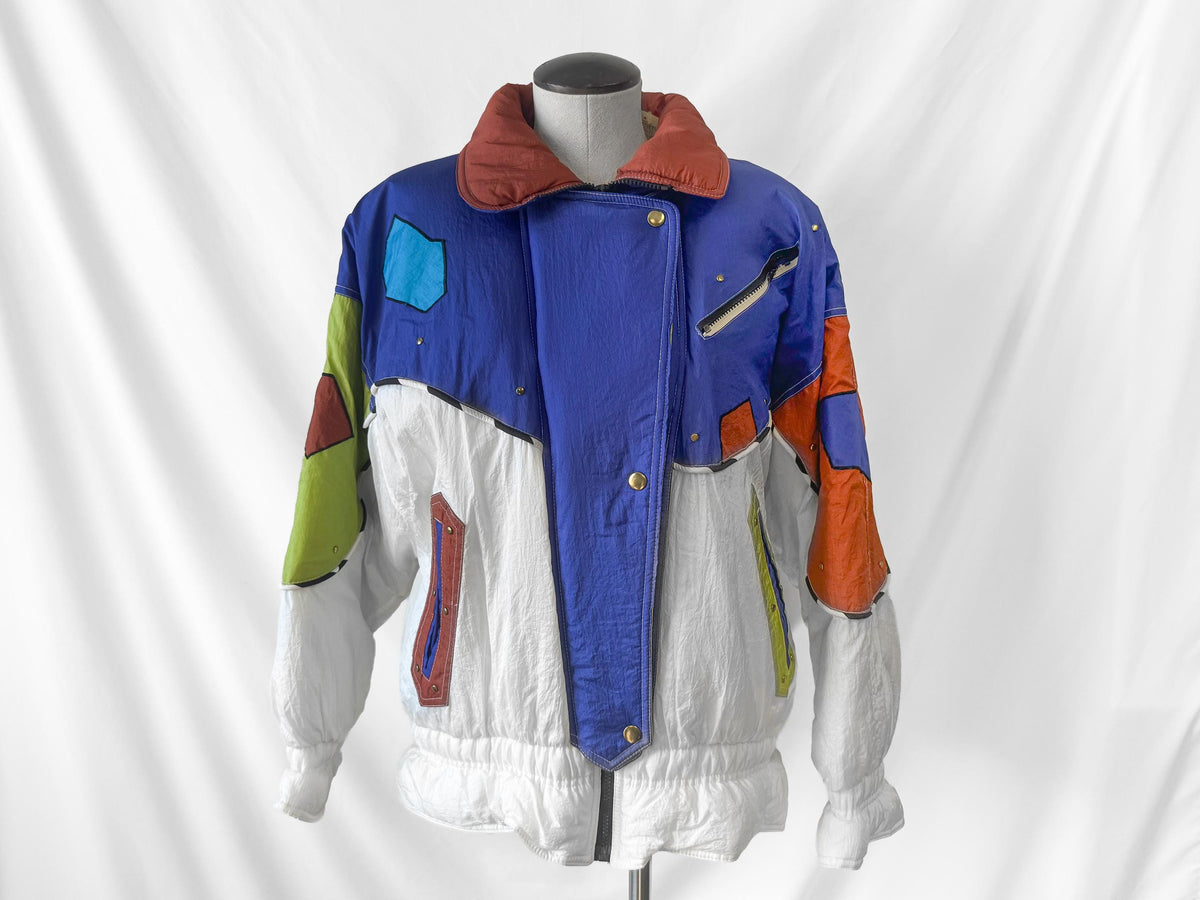 80s/90s Deadstock Giacca White Multicolor Asymmetrical Geometric Color Block Fringe Puffer Ski Jacket, Women's Sz. M