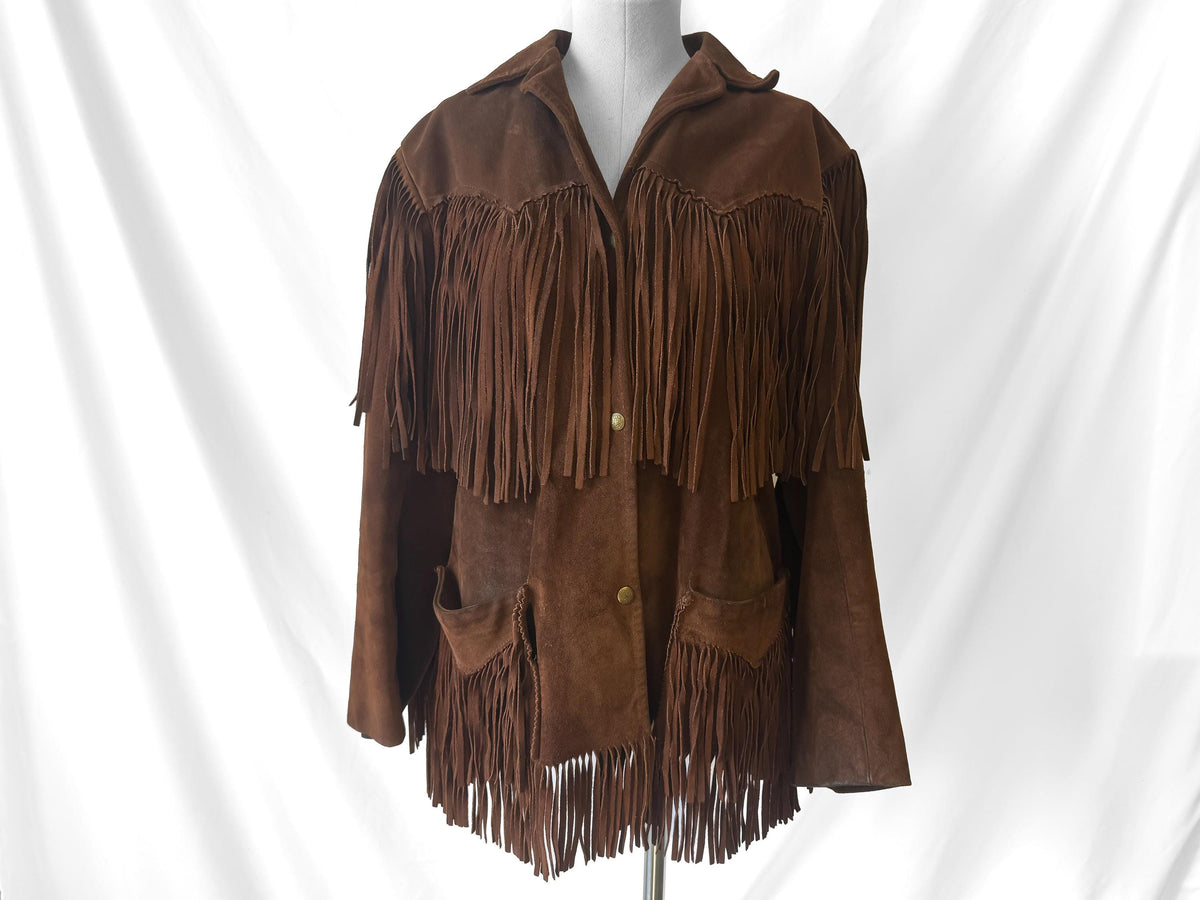 Vintage 60s/70s Tregos Westwear Dark Brown Suede Leather Fringe Unisex Western Jacket, Approx. Men's Sz. M/L