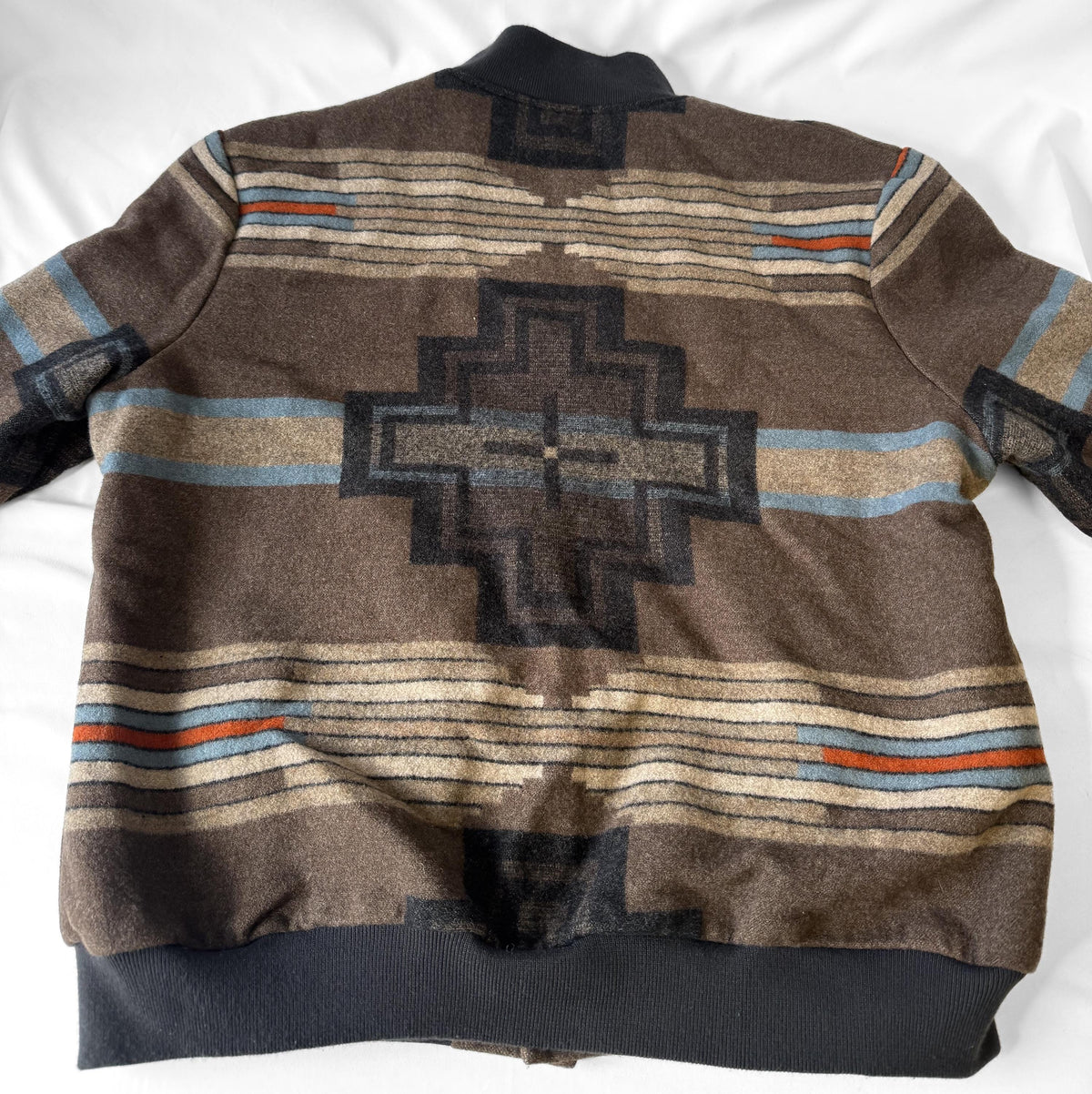 Vintage Style Pendleton Brown Gray/Blue Aztec Southwest Print Wool Western Bomber Jacket, Men's Sz. XXL