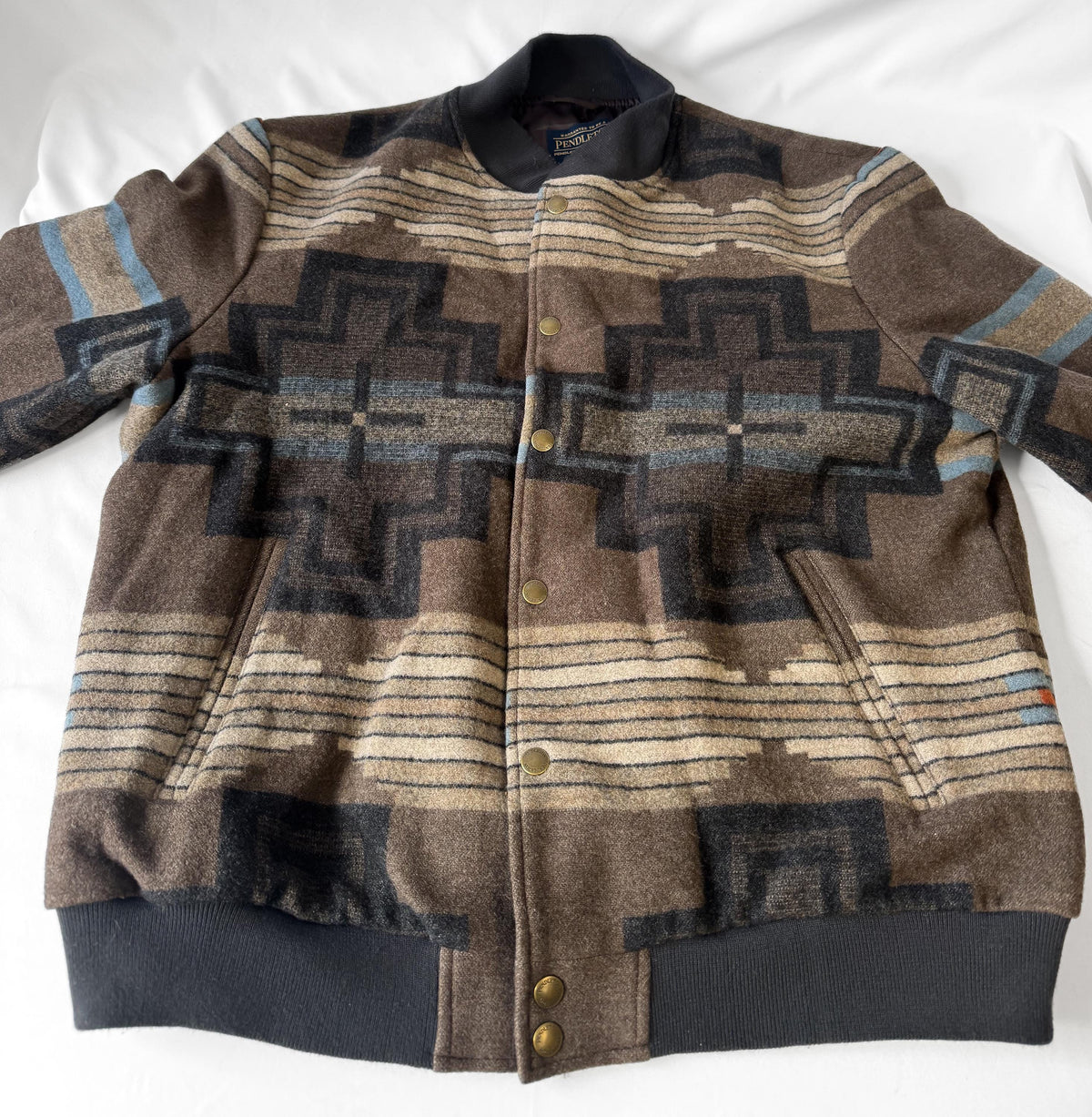 Vintage Style Pendleton Brown Gray/Blue Aztec Southwest Print Wool Western Bomber Jacket, Men's Sz. XXL