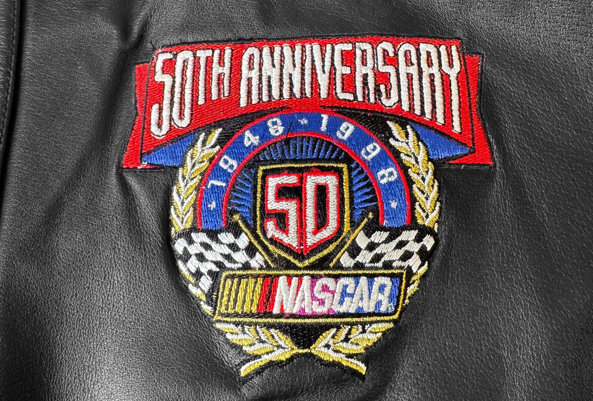 Vintage 1998 Jeff Hamilton NASCAR 50th Anniversary Black Leather Bomber Jacket, Men's Sz. XXL