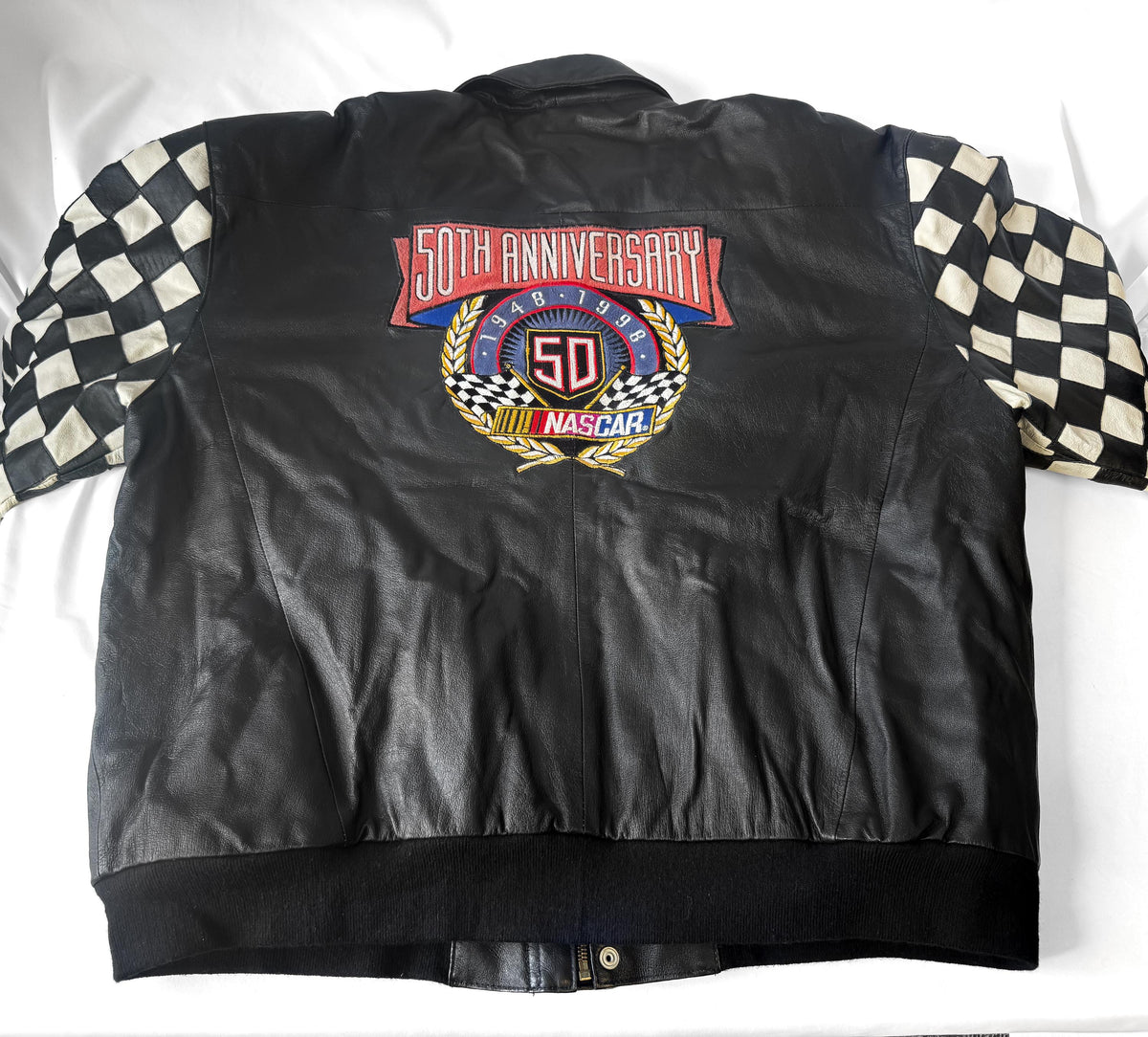 Vintage 1998 Jeff Hamilton NASCAR 50th Anniversary Black Leather Bomber Jacket, Men's Sz. XXL
