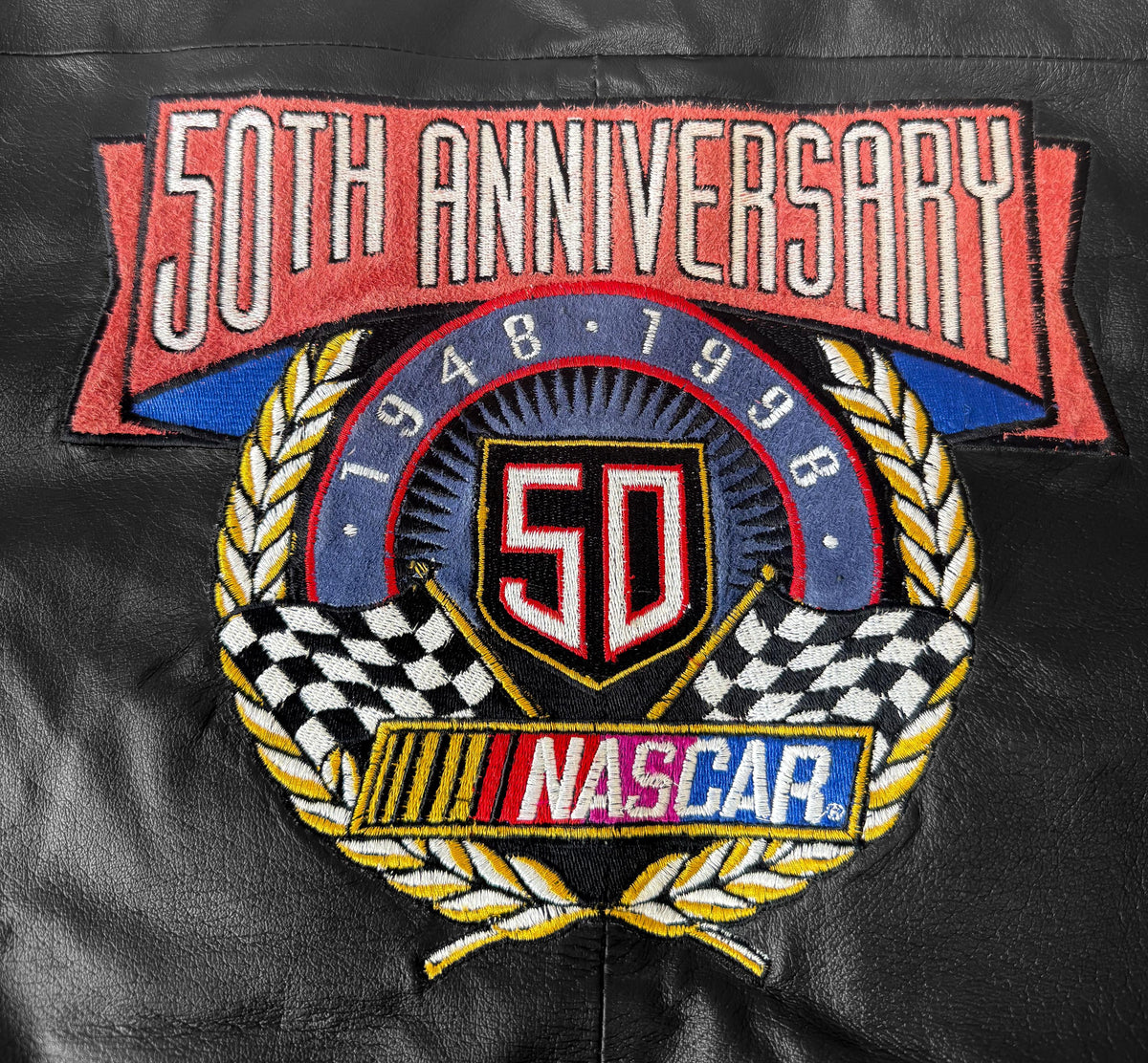 Vintage 1998 Jeff Hamilton NASCAR 50th Anniversary Black Leather Bomber Jacket, Men's Sz. XXL