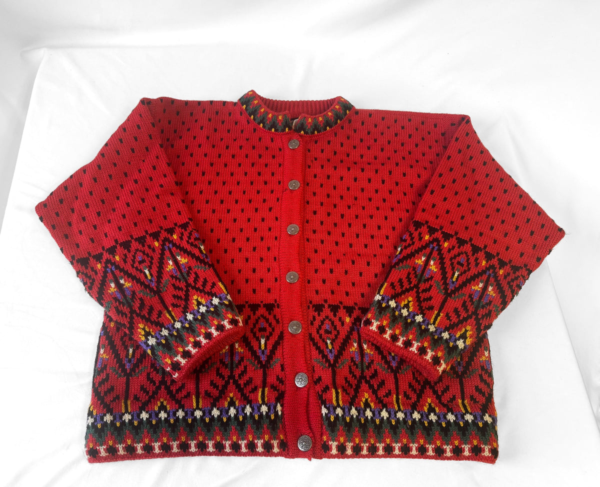 Vintage Dale of Norway Red Pure Wool Fair Isle Button Nordic Ski Style Cardigan Sweater, Women's Sz. L