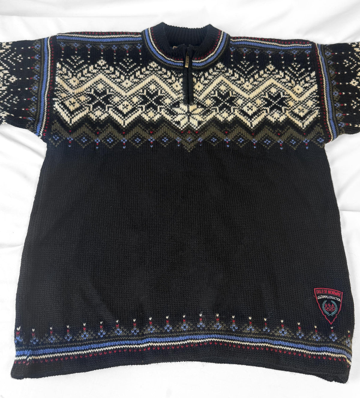 Vintage Dale of Norway 2002 USA Olympics Black Blue Quarter Zip Pure Wool Nordic Ski Sweater, Men's Sz. M