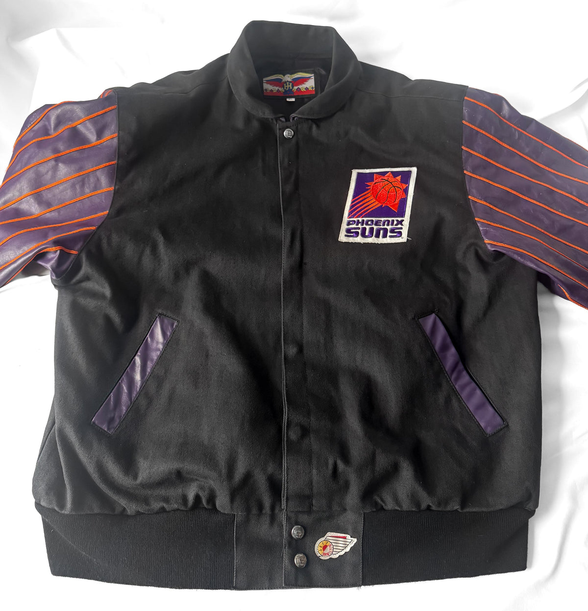 Vintage 90s Phoenix Suns NBA Jeff Hamilton Leather Pinstripe Sleeve Bomber Varsity Jacket, Men's Sz. XL