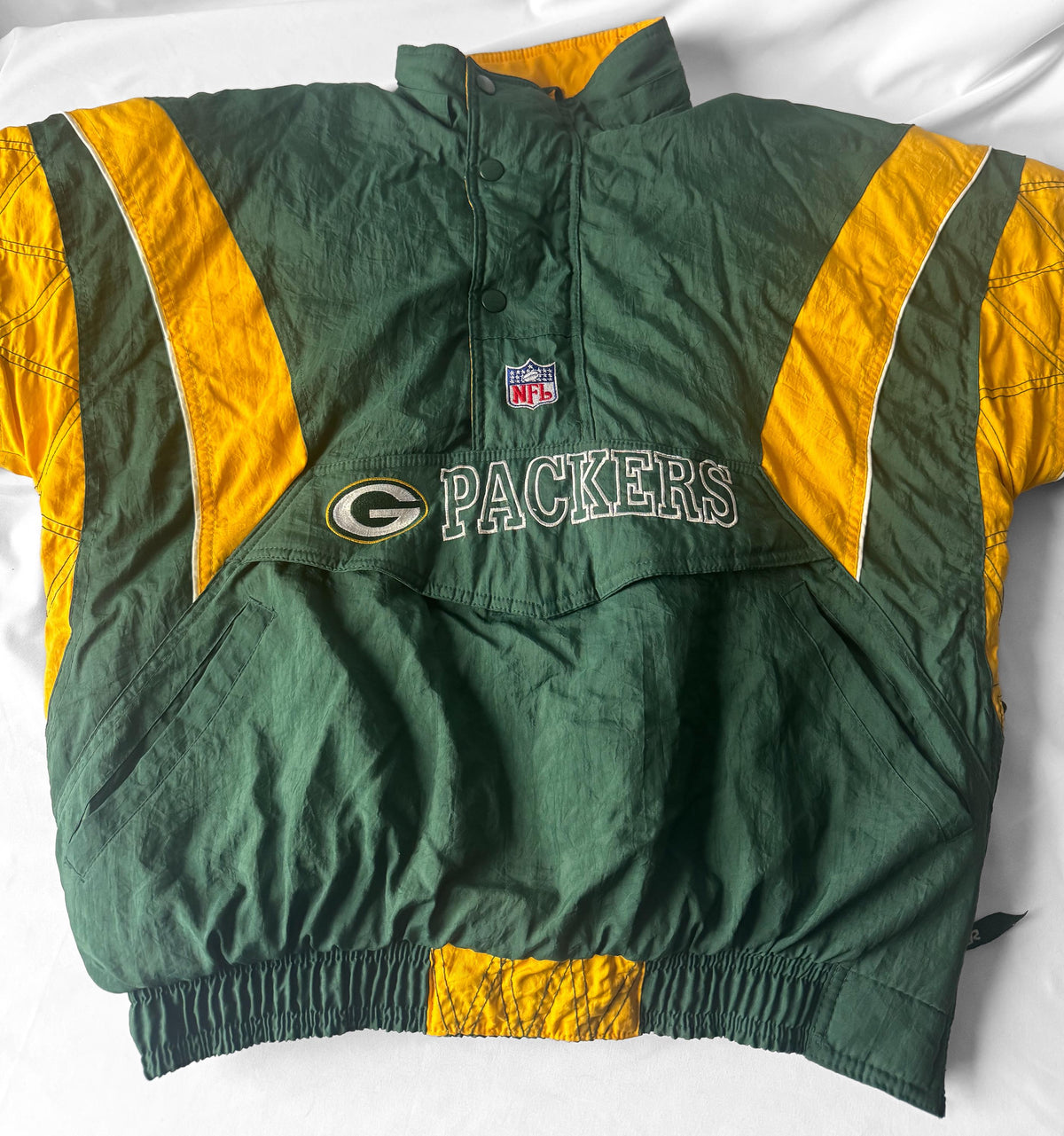 Vintage 90s Green Bay Packers Starter Striped Quarter Zip Puffer Jacket, Men's Sz. M