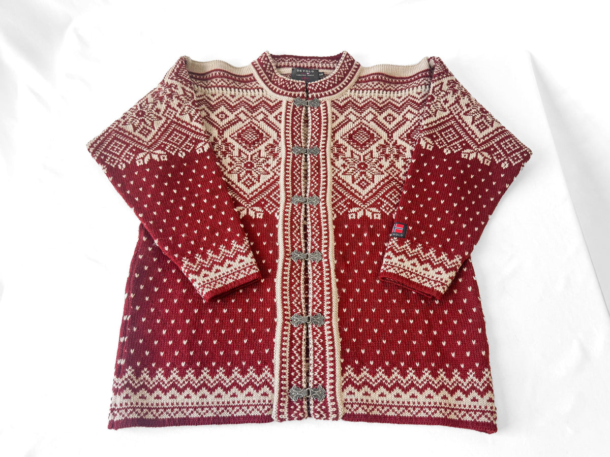 Vintage Devold Pure Wool Red Beige Fair Isle Print Metal Clasp Nordic Unisex Cardigan Sweater, Men's Sz. XS