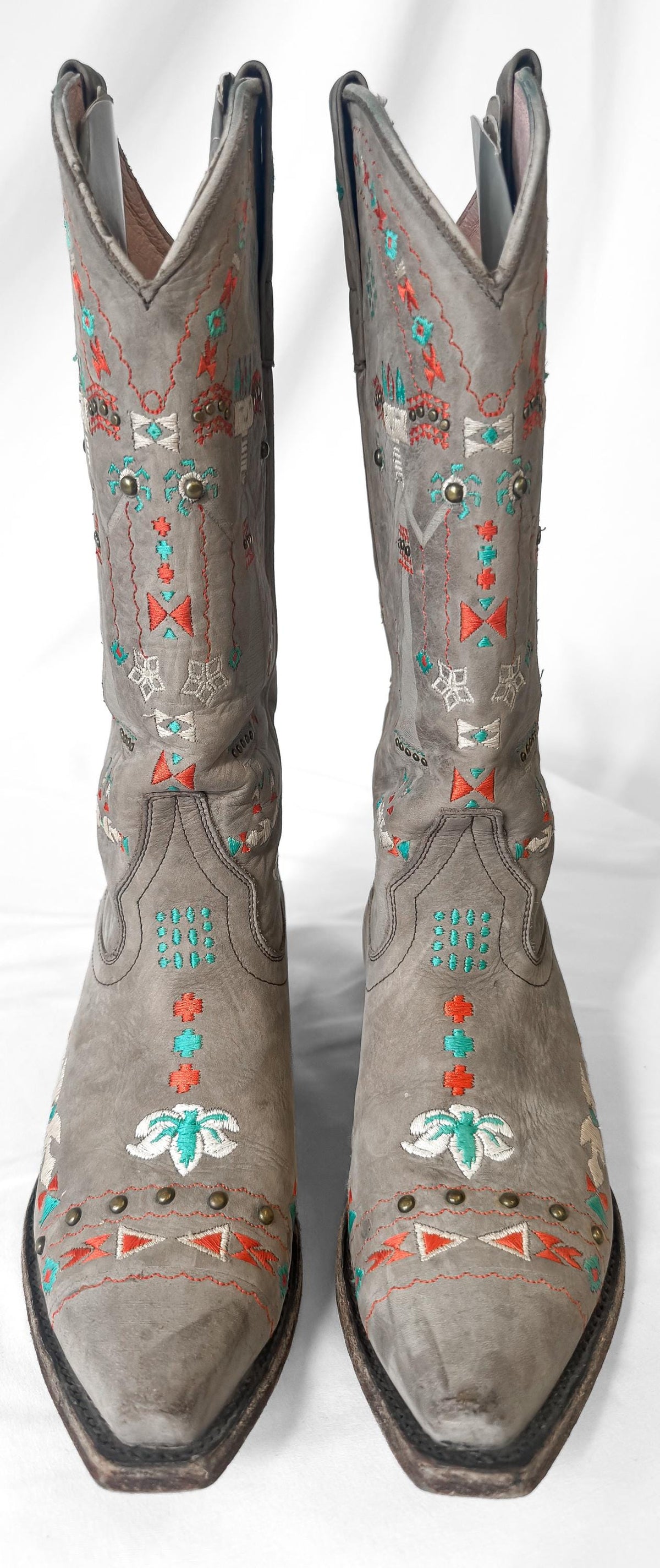 Unique Miss Macie Hopi Suede Taupe Hieroglyph Embroidered Native Style Western Cowboy Boots, Women's Sz. 7.5M