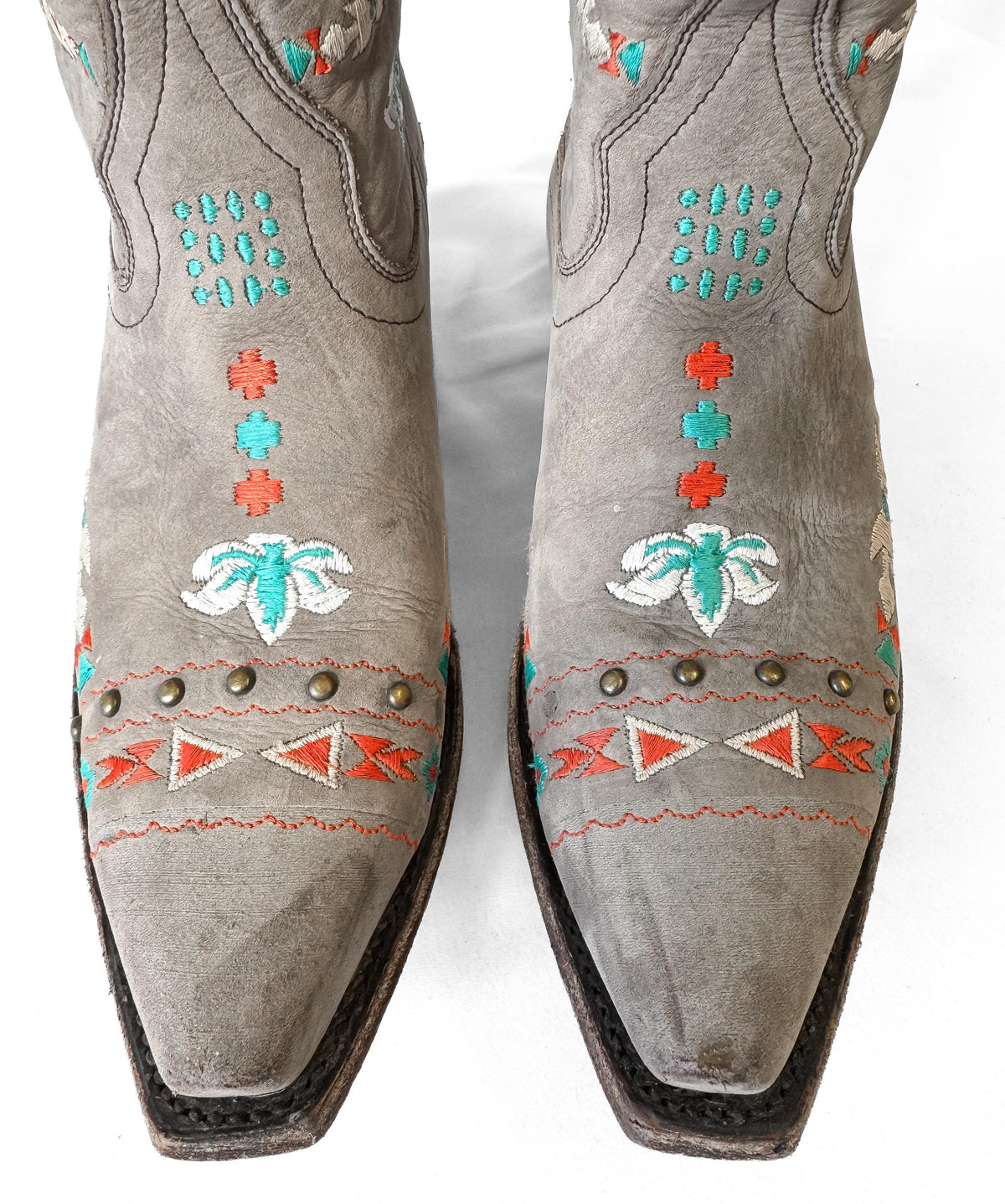 Unique Miss Macie Hopi Suede Taupe Hieroglyph Embroidered Native Style Western Cowboy Boots, Women's Sz. 7.5M