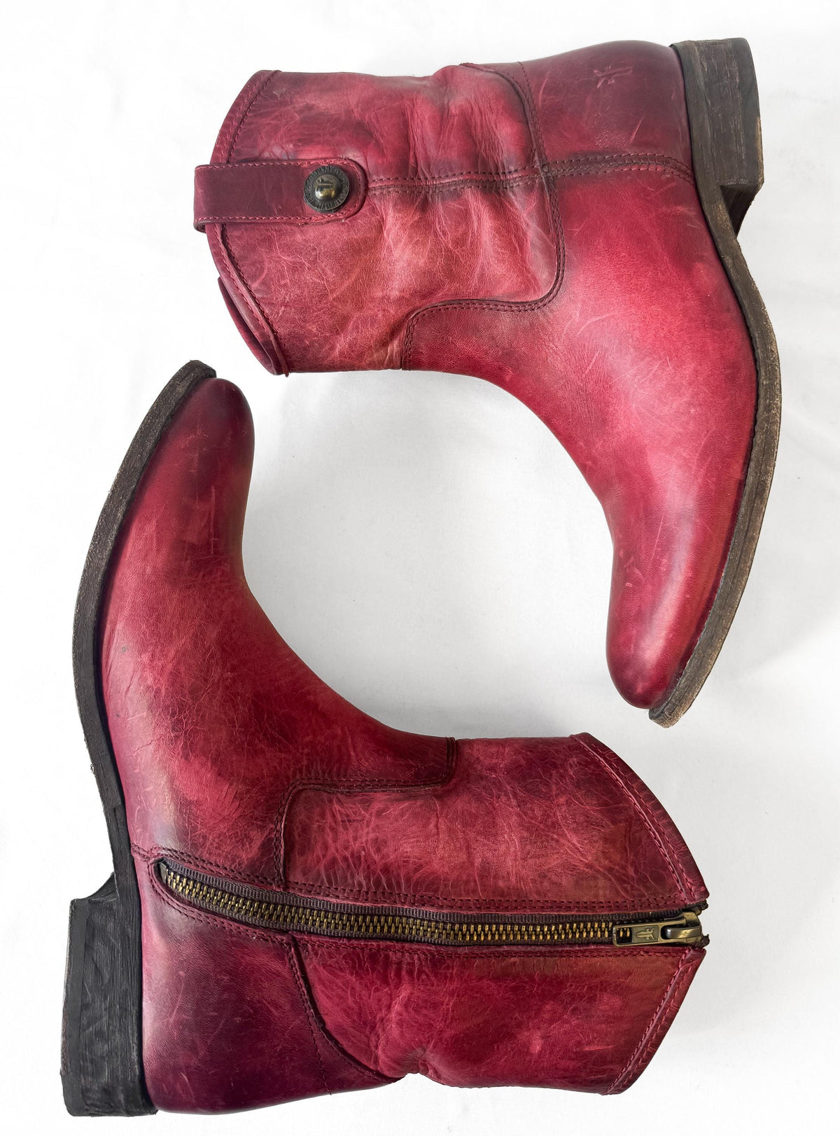 Frye Melissa Button Short Red Leather Western Ankle Boots, Women's Sz. 8.5B
