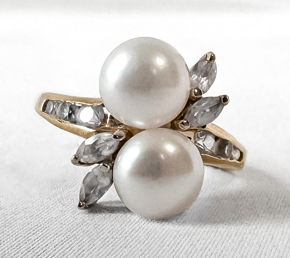 Vintage 10K Yellow Gold Twin Pearl White Sapphire Accent Bypass Ring, Sz. 5.5, Art Deco Cocktail Style Statement Estate Ring