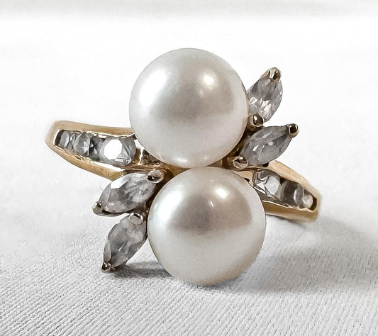 Vintage 10K Yellow Gold Twin Pearl White Sapphire Accent Bypass Ring, Sz. 5.5, Art Deco Cocktail Style Statement Estate Ring