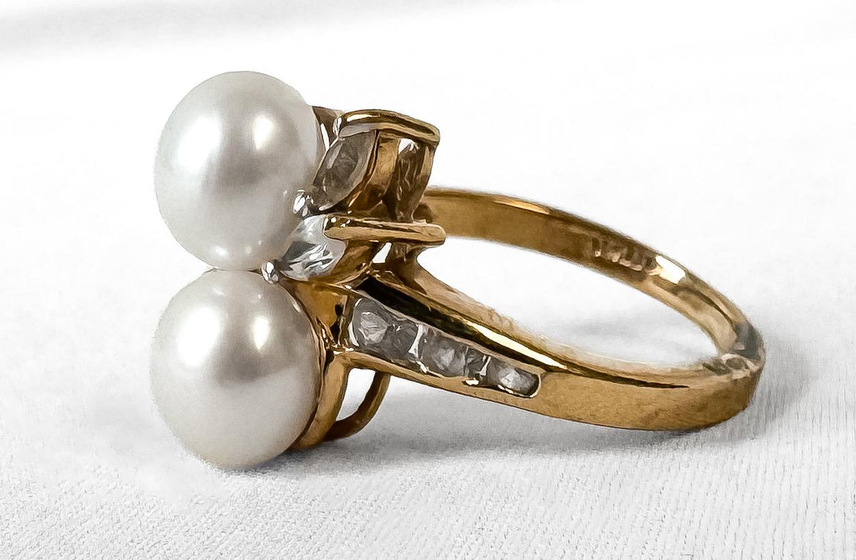 Vintage 10K Yellow Gold Twin Pearl White Sapphire Accent Bypass Ring, Sz. 5.5, Art Deco Cocktail Style Statement Estate Ring