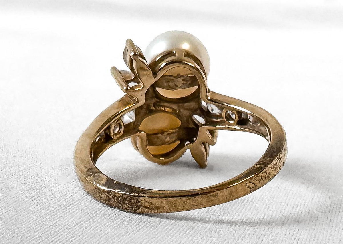 Vintage 10K Yellow Gold Twin Pearl White Sapphire Accent Bypass Ring, Sz. 5.5, Art Deco Cocktail Style Statement Estate Ring