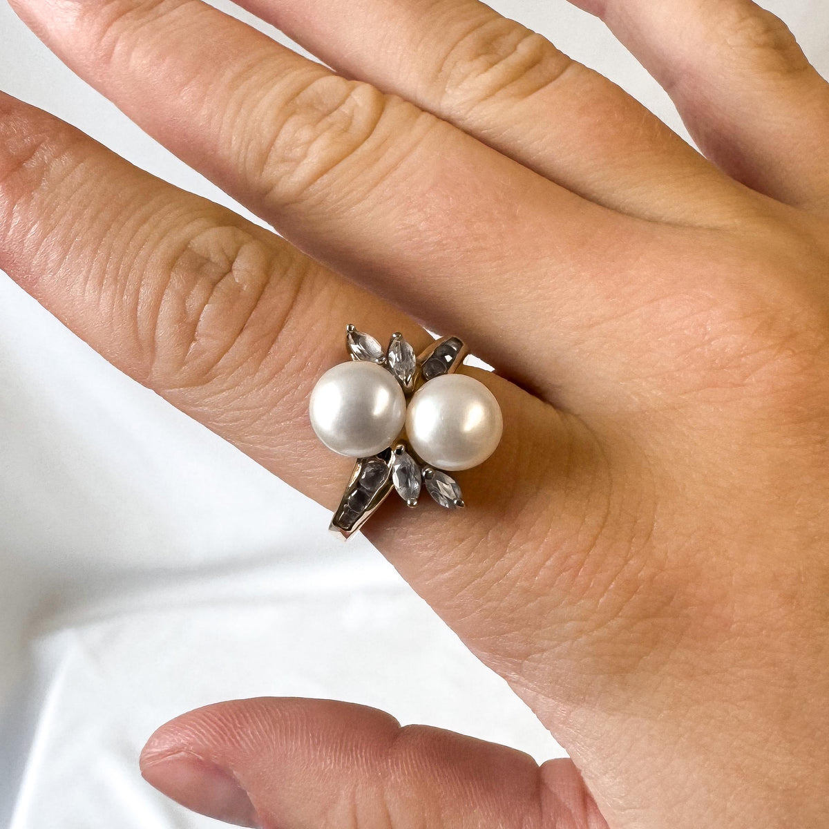 Vintage 10K Yellow Gold Twin Pearl White Sapphire Accent Bypass Ring, Sz. 5.5, Art Deco Cocktail Style Statement Estate Ring
