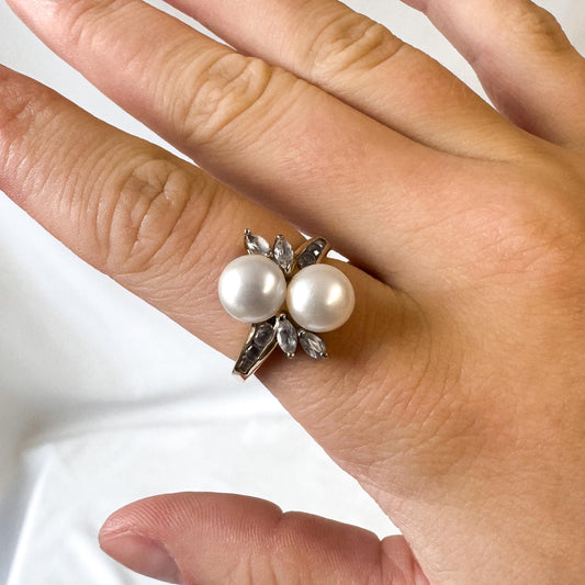 Vintage 10K Yellow Gold Twin Pearl White Sapphire Accent Bypass Ring, Sz. 5.5, Art Deco Cocktail Style Statement Estate Ring