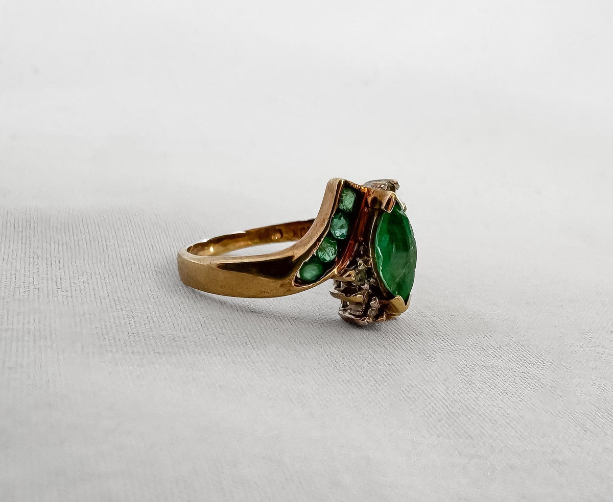 Vintage 10K Yellow Gold Marquise Emerald Diamond Accent Bypass Ring, Sz. 5.5, Estate Art Deco Mid-Century Cocktail Style Ring