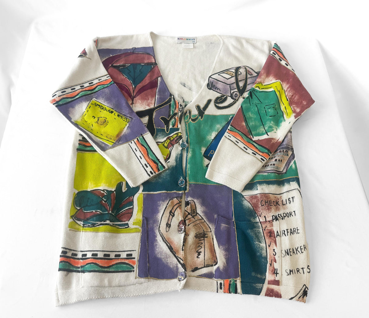 90s Kolorway Travel Luggage Motif Cotton Cardigan Sweater, Approx. Women's Sz. L, Wearable Art Whimsy Maximalist Sweater